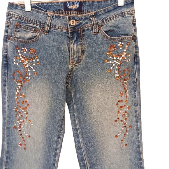 Vntg Angels Jeans Womens JR Sz 7 Blue Flare Crystals Embellished Boho Glam Gypsy - Picture 4 of 16